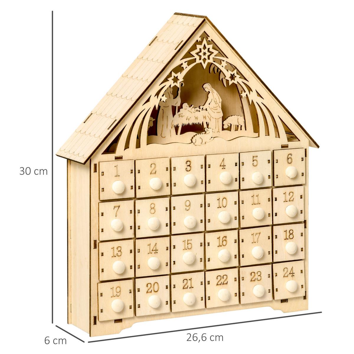 ADVENTSKALENDER Weihnachtskalender 24 Schubladen mit LED-Lichtern MDF Naturholz - Naturfarben, Holz (6/30/26.6cm) - HOMCOM