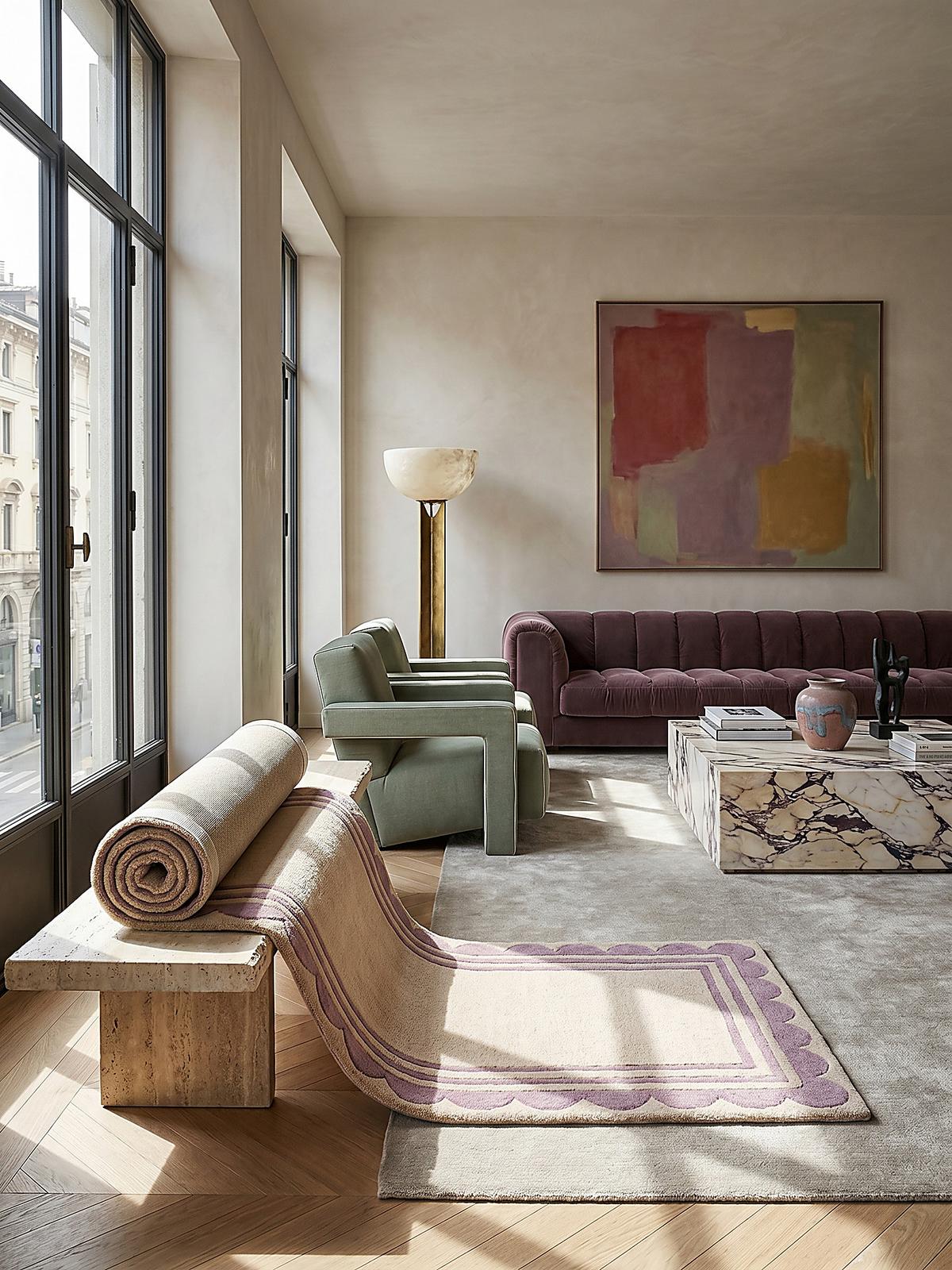WOLLTEPPICH WENSUM, mit grafischem Muster mit Rahmen, Lila-Beige, 80 x 230 cm - Lila, Textil (230/80cm) - KADIMA DESIGN