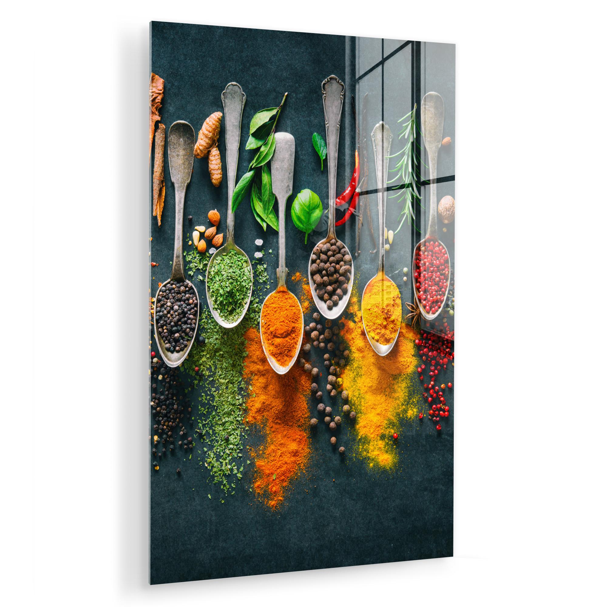 ACRYLGLASBILD Kräuter - Gewürze - Löffel 80x120 cm - Currygelb, Glas (80/120cm) - MuchoWow