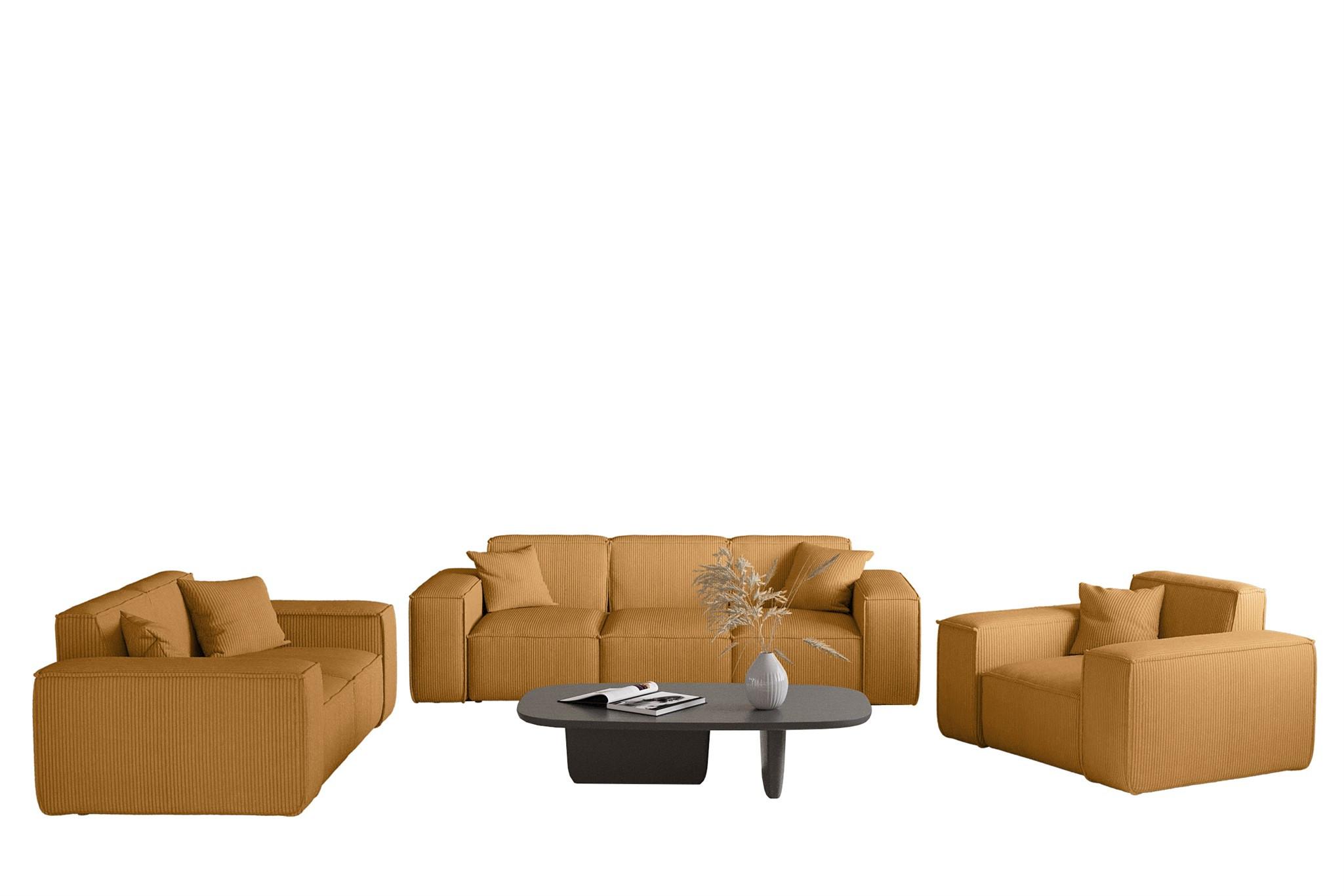 SOFASET Celes Premium 3-2-1 Stoff Scala - Currygelb, Holzwerkstoff/Textil (225/73/88cm) - Fun Möbel