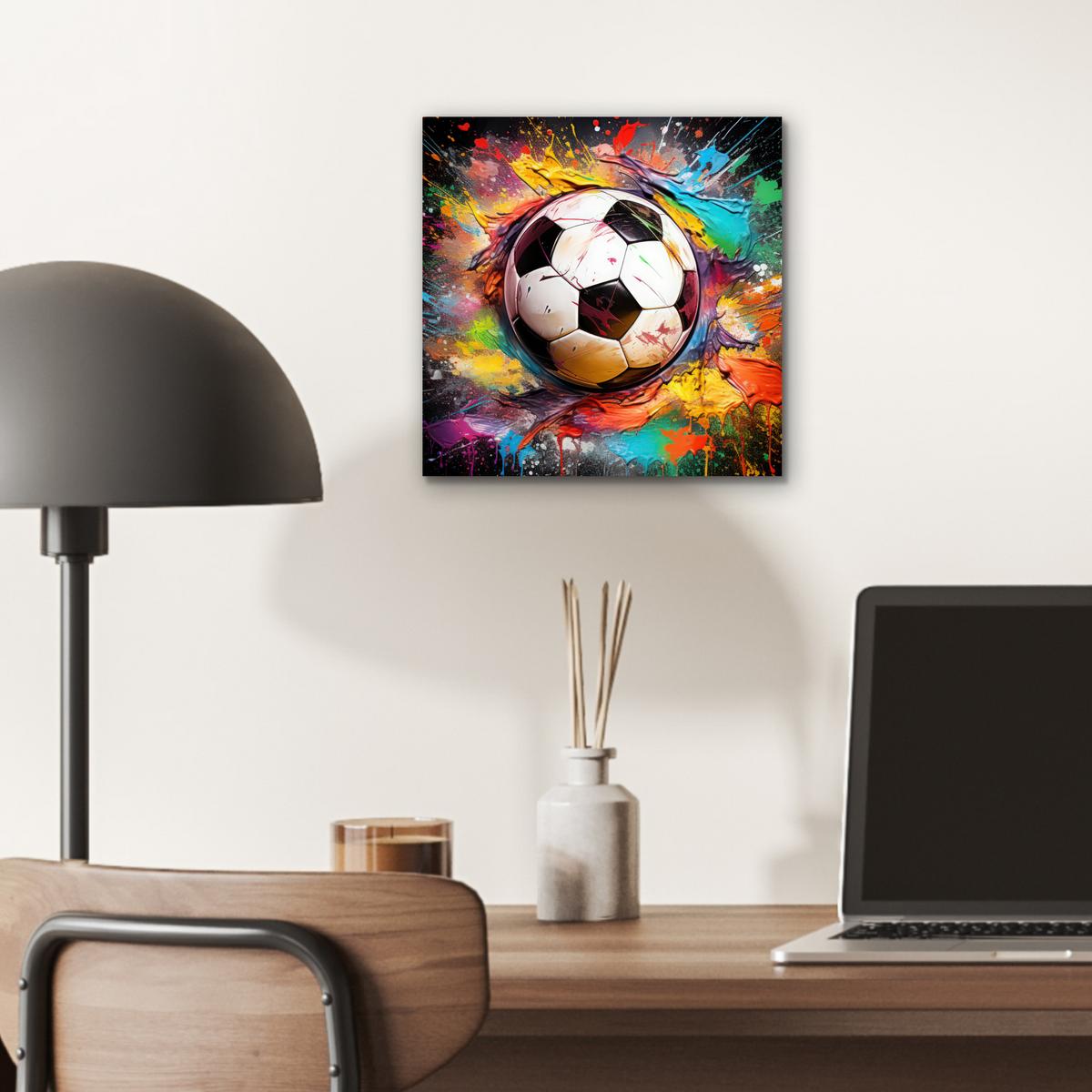 METALLBILD Fußball - Farbe - Farben - Schwarz - Weiß 20x20 cm - Weiß, Metall (20/20cm) - MuchoWow