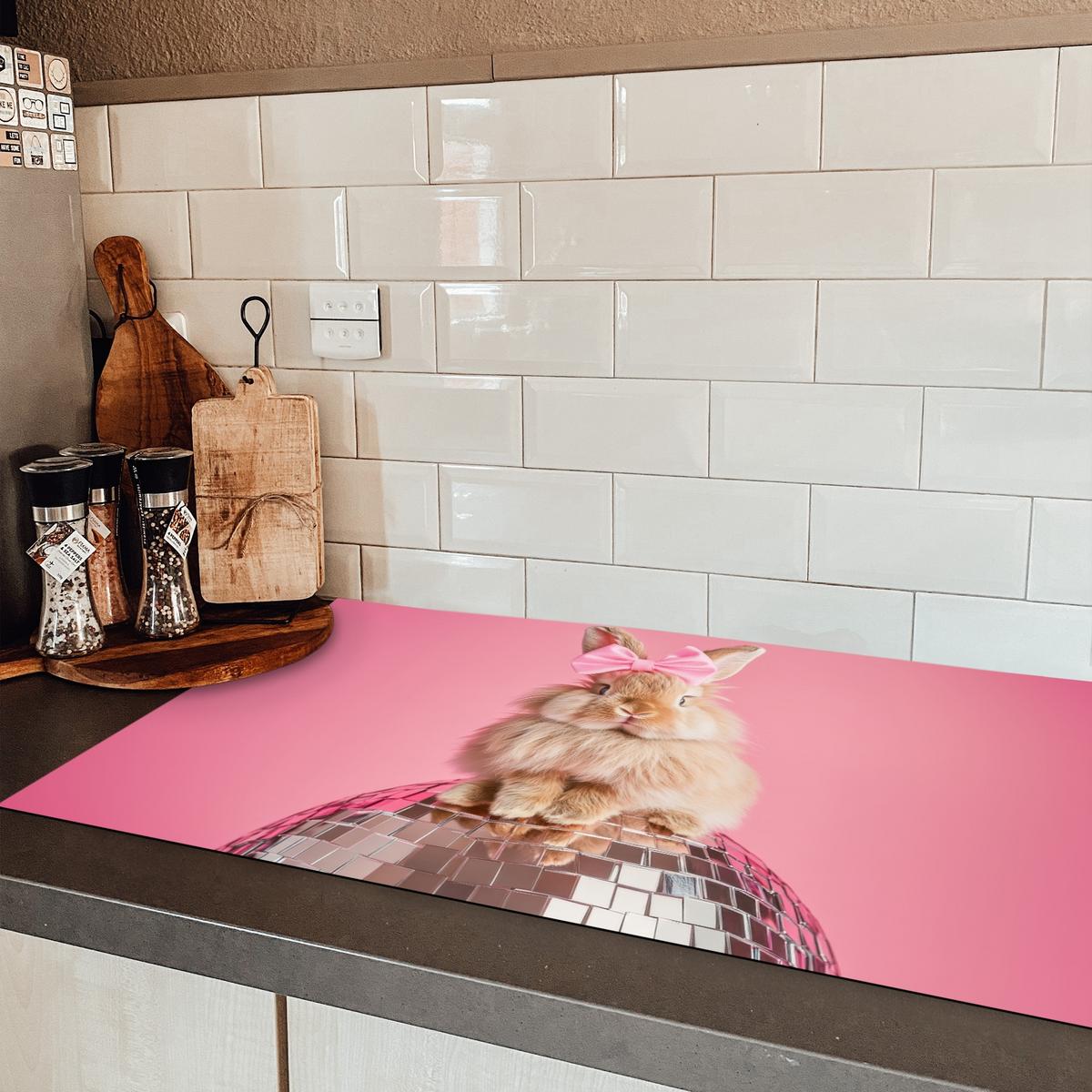 HERDABDECKPLATTE Schleife - Discoball - Kaninchen Ceranfeldabdeckung 90x52 cm - Pink, Kunststoff (90/52/0.2cm) - MuchoWow