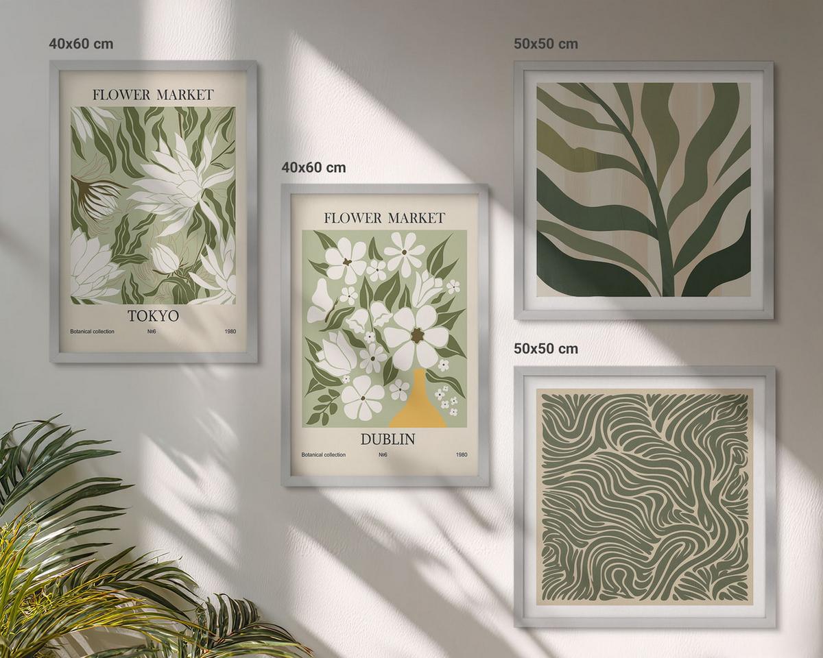 BILDER SET 4er Set - 50x50 cm & 40x60 cm Silberner Rahmen - Pflanzenmuster, Boho-Dekorationen - Silberfarben, Kunststoff (50/50cm) - TULUP