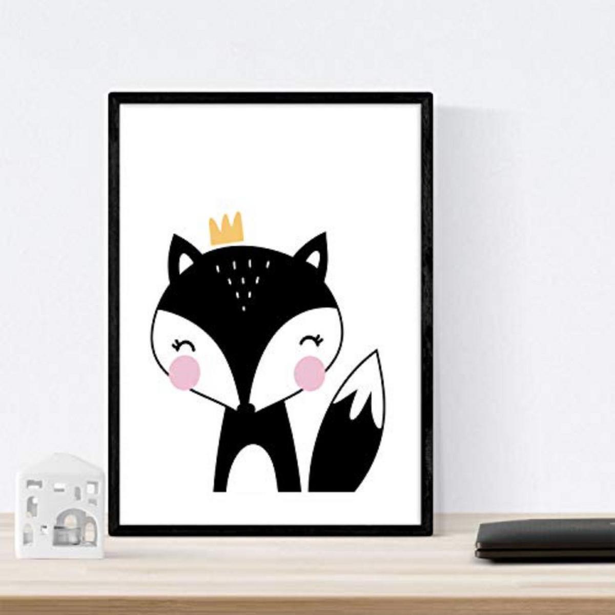 POSTER Set mit 4 Fox, Leon, Katze und Tiger Tieren A4 Schwarzer Rahmen - Schwarz, Papier (29.7/3cm) - Nacnic