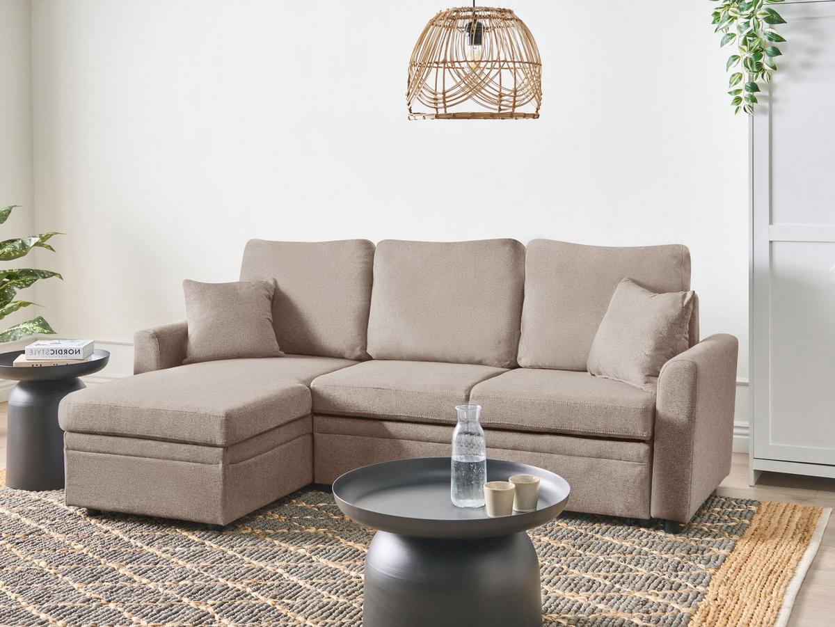 ECKSCHLAFSOFA 3-Sitzer Kunstleinen Hellbraun rechtsseitig Nassjo - Hellbraun, Textil (210/131cm) - Beliani