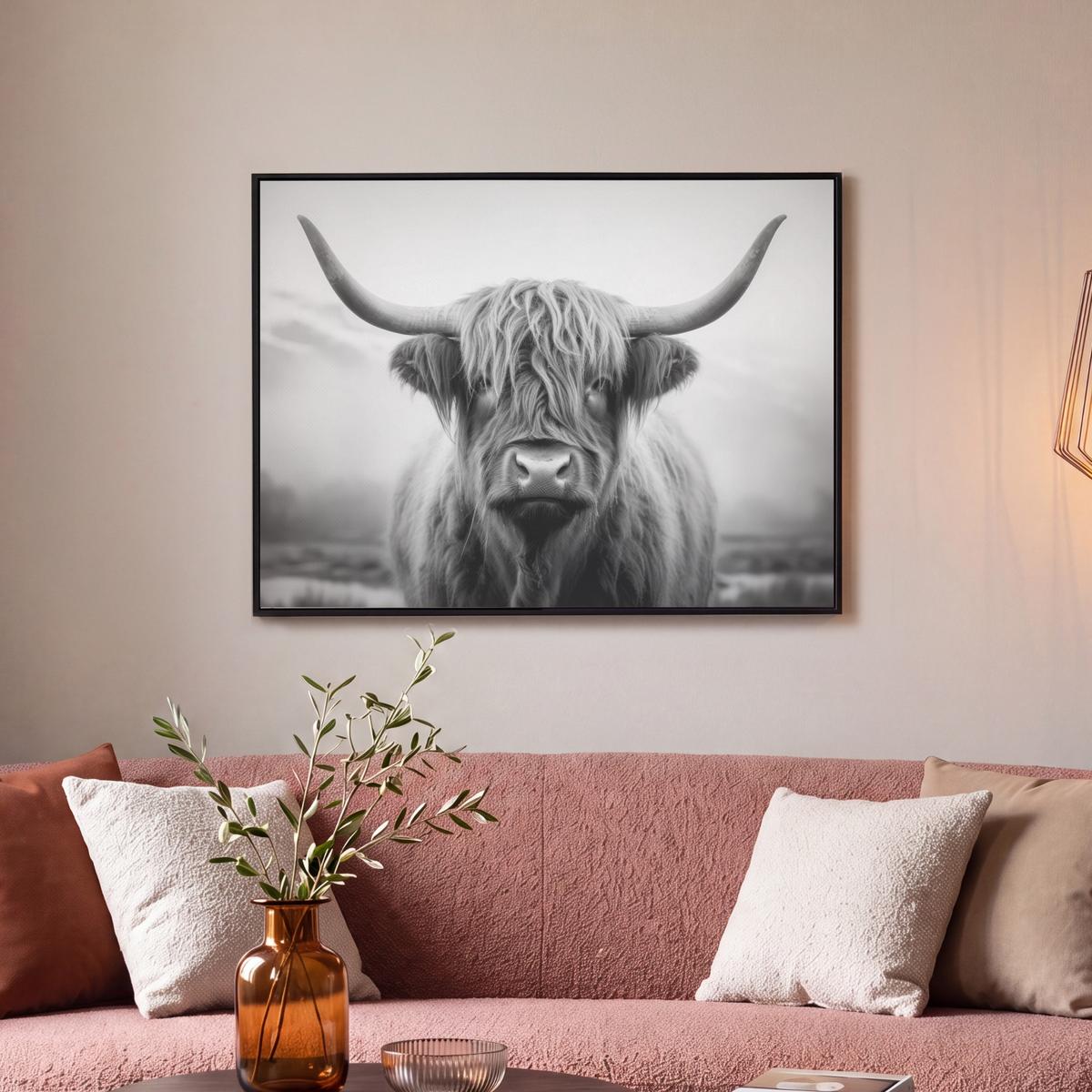 LEINWAND Bilder mit Rahmen - Schottischer Highlander - Nebel - Schwarz - Weiß - 70x50 - Grau, Textil (70/50cm) - MuchoWow