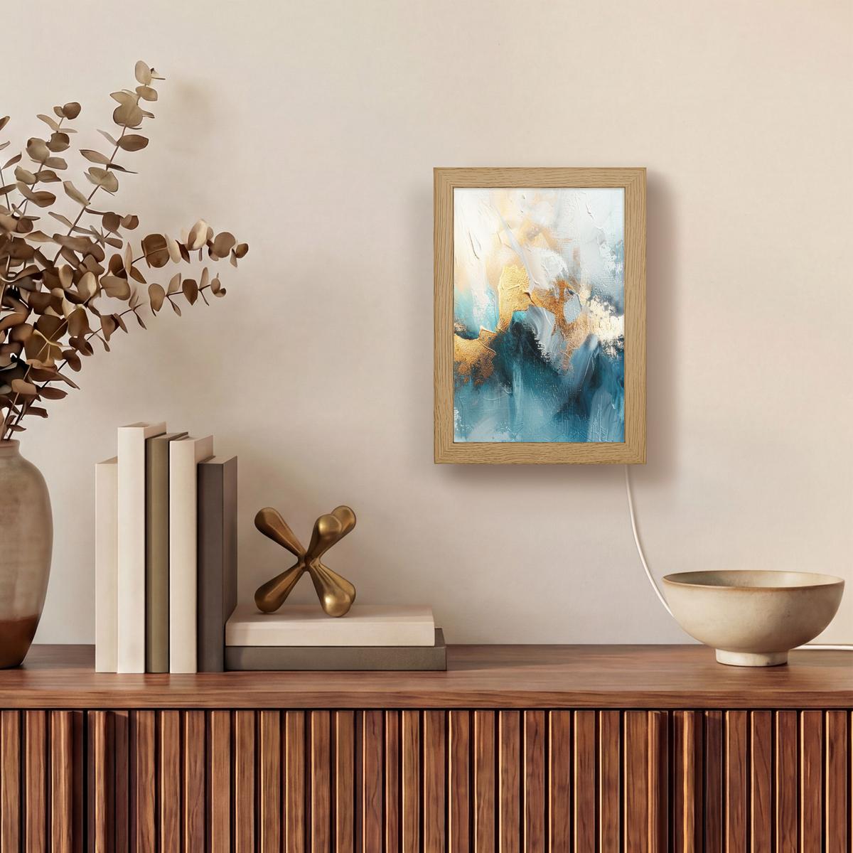 WANDLEUCHTE Abstrakt - Kunst - Gold - Blau 15x20 cm - Türkis, Holzwerkstoff (15/20/8cm) - OnlyWow