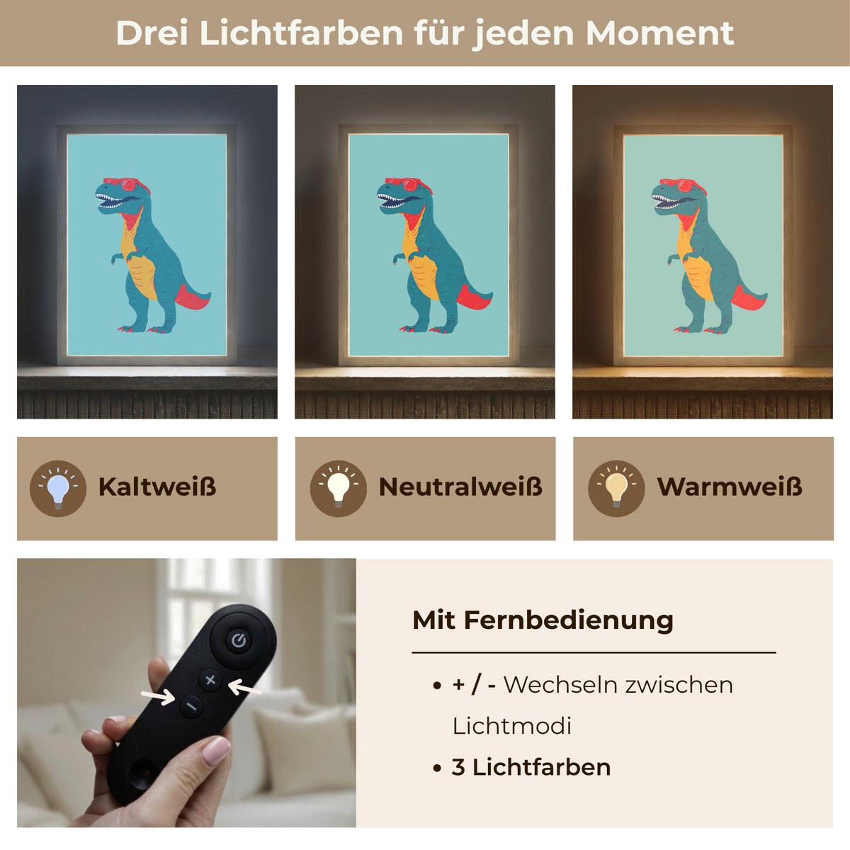 WANDLEUCHTE MIT AKKU Dinosaurier - Blau - Sonnenbrille 30x40 cm - Hellblau, Holzwerkstoff (30/40/8cm) - OnlyWow