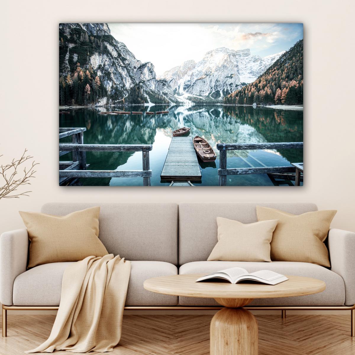 LEINWANDBILD Natur - Berge - Schnee - Wald - Boot Groß 140x90 cm - Hellgrün, Textil (140/90cm) - MuchoWow
