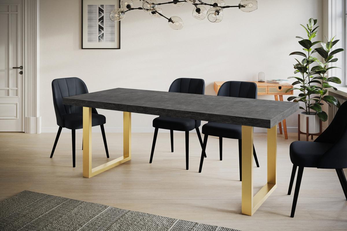 INDUSTRIELLER Esszimmertisch LOFT-U, ausziehbarer Tisch, Größe: 120-220X80X77 cm, Wohnzimmertisch Farbe: Dunkelgrau, mit Metallbeinen in Farbe Gold - Dunkelgrau/Goldfarben, Holzwerkstoff (120/80/77cm) - Alpi-Möbel