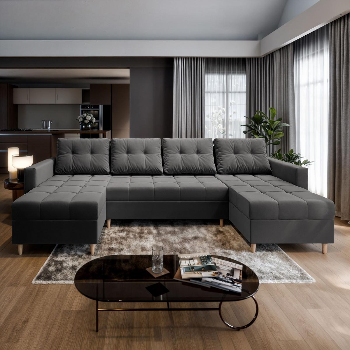 WOHNLANDSCHAFT MILO U Grau Plüsch-Stoff mit Schlaffunktion - Braun/Grau, Holz/Textil (285/91/140cm) - MASSENO