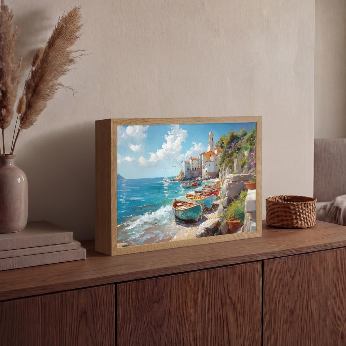 WANDLEUCHTE MIT AKKU Boote - Felsen - Meer - Sonne 40x30 cm - Blau, Holzwerkstoff (40/30/8cm) - OnlyWow