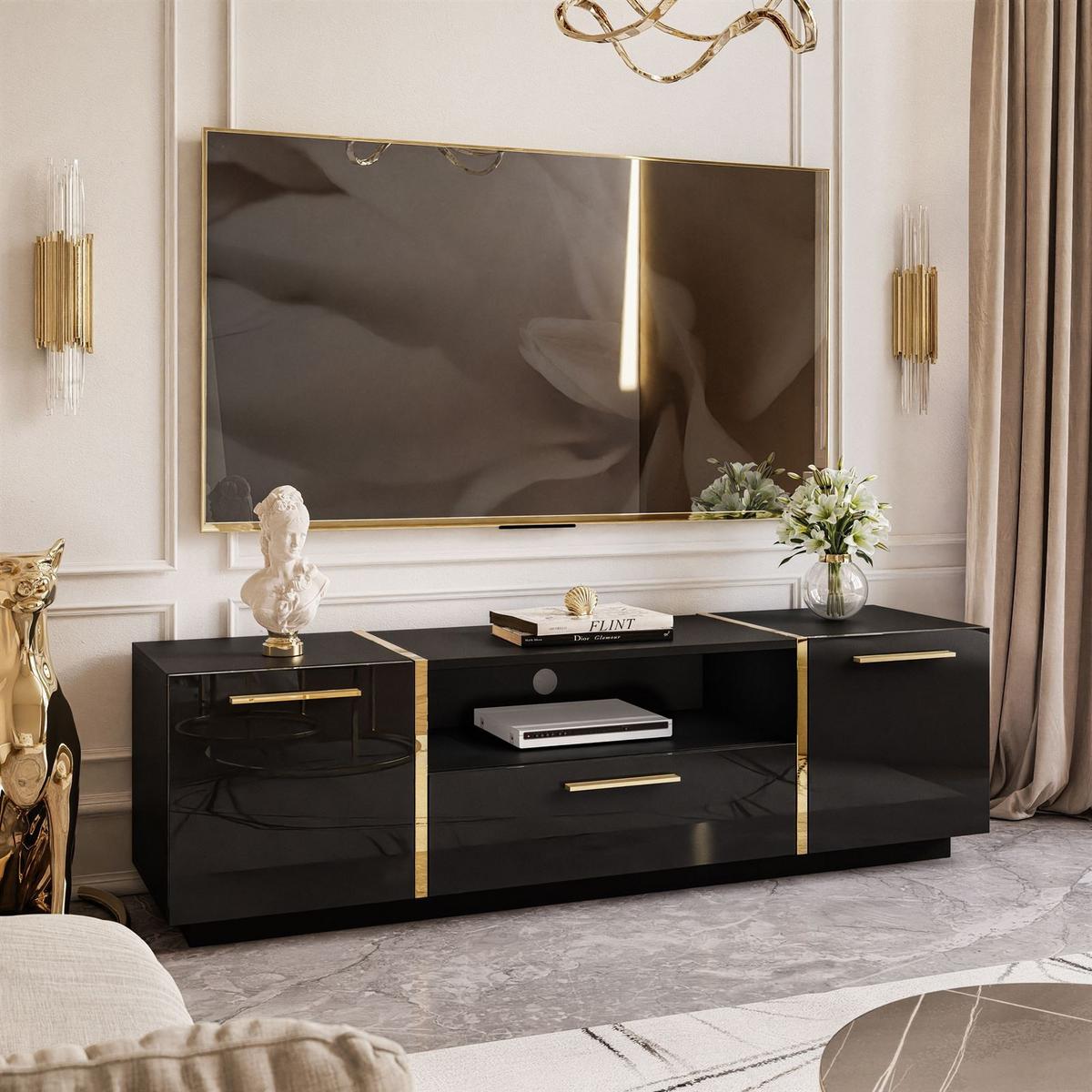 TV-ELEMENT ONYX HOCHGLANZ 158 CM - Goldfarben/Schwarz, Holzwerkstoff (158/46/41.3cm) - Lookway
