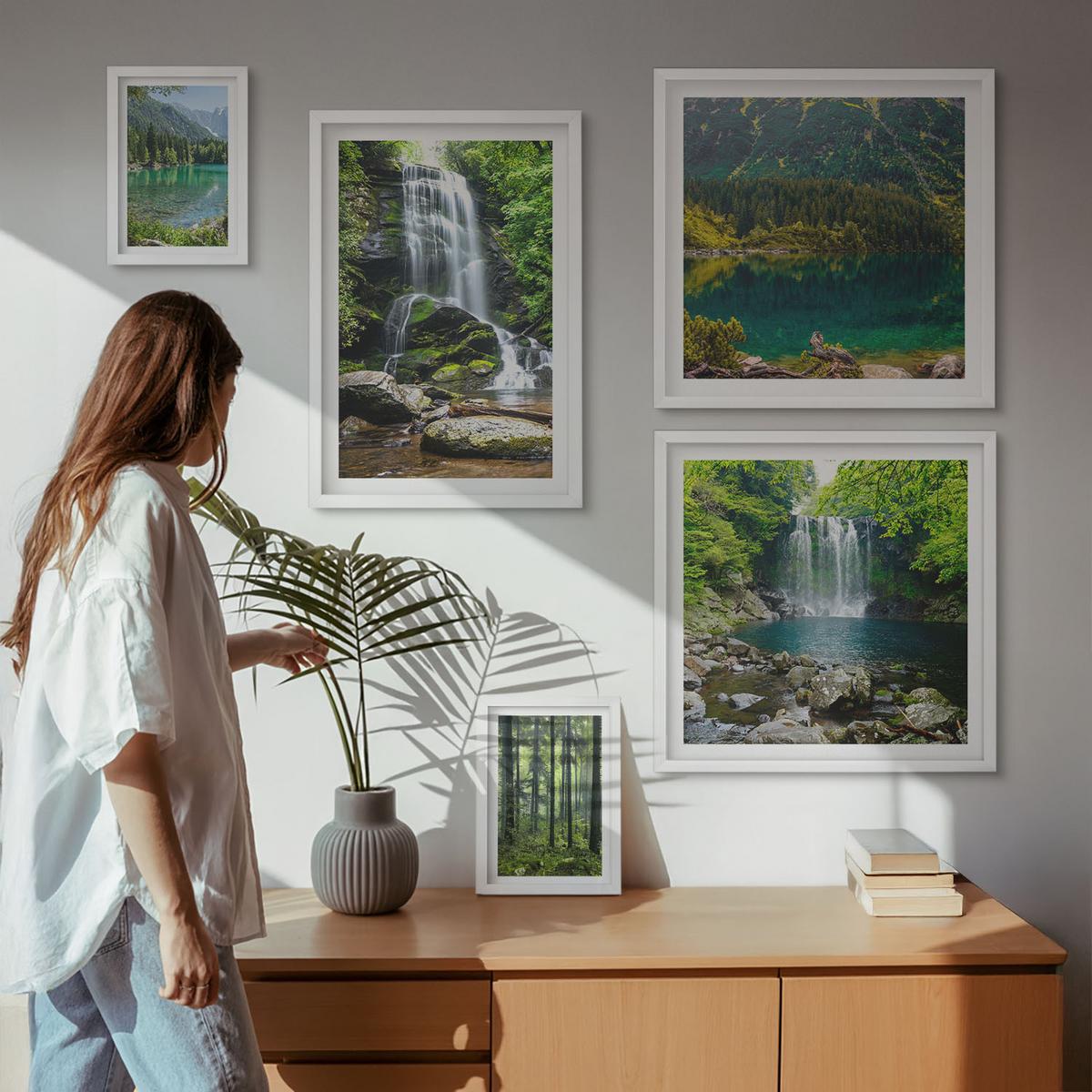BILDER SET 5er Set - 50x50 cm & 20x30 cm & 40x60 cm Weißer Rahmen - Grüne Landschaften, Wasserfälle - Weiß, Kunststoff (40/60cm) - TULUP