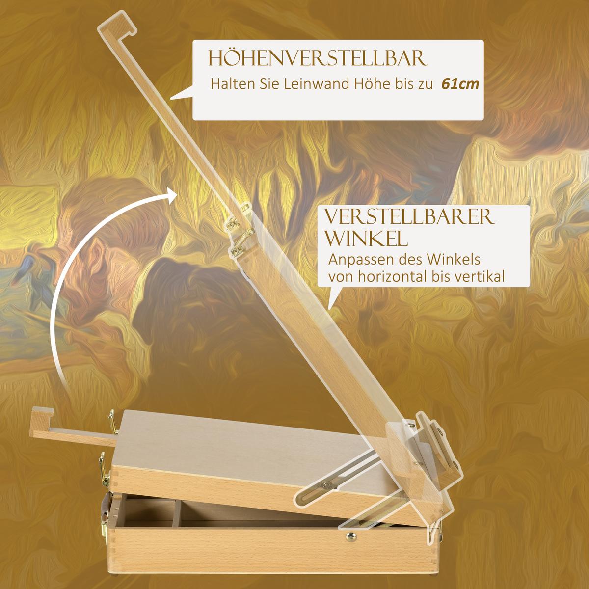 TISCHSTAFFELEI Winkelverstellbare Staffelei mit Griff, Stauraum Buchenholz Natur - Eiche Bianco, Holz (41.5/74.5/27cm) - HOMCOM