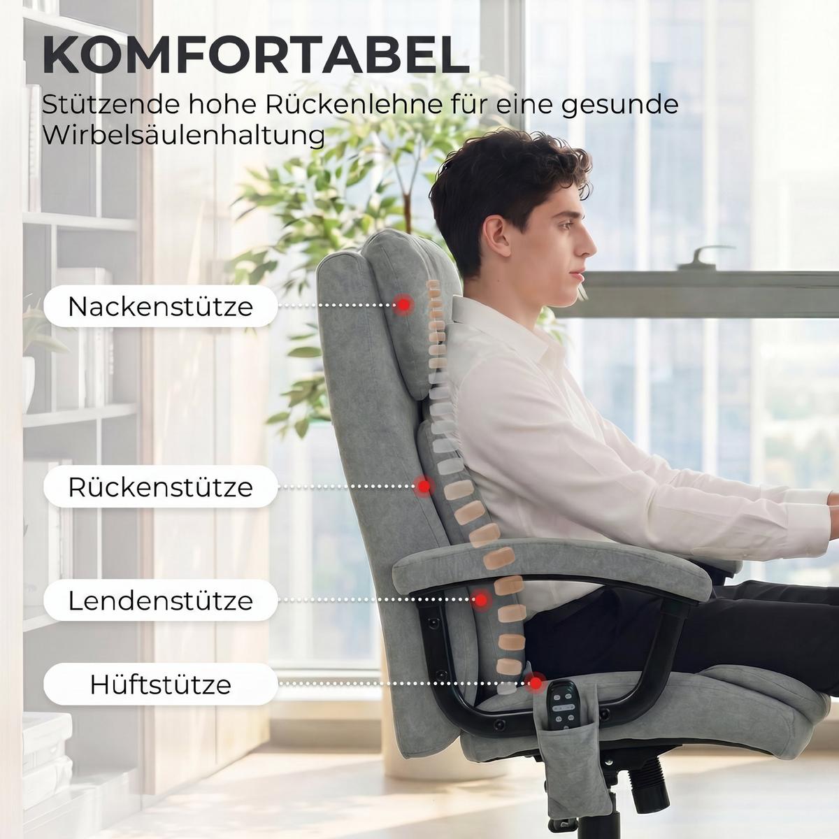 BÜROSTUHL mit Massagefunktion aus Polyester Grau - Schwarz/Grau, Textil/Metall (70.5/122/76cm) - HOMCOM