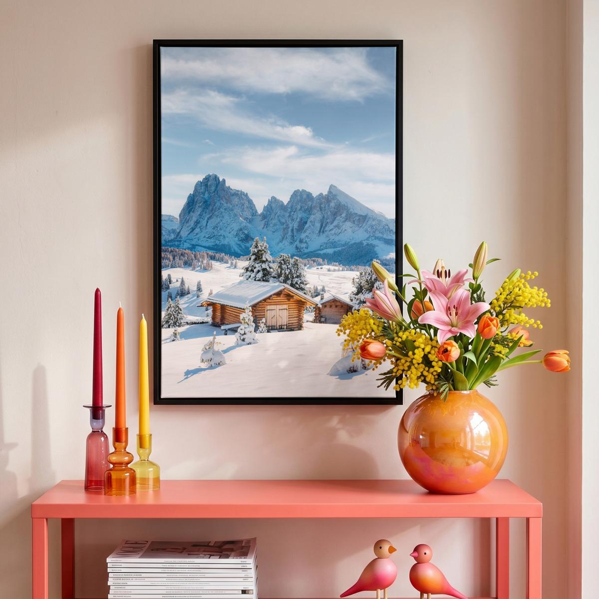 LEINWAND Bilder mit Rahmen - Winter - Hütte - Berge - Aussicht - Schnee - 40x60 - Eichefarben, Textil (40/60cm) - MuchoWow