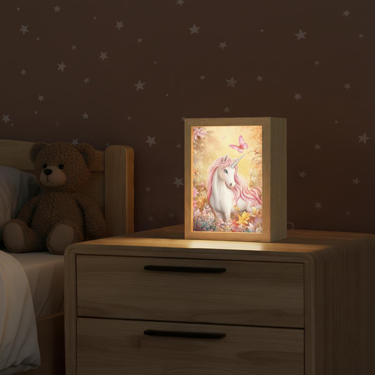 NACHTTISCHLAMPE Einhorn - Blumen - Schmetterling - Rosa 15x20 cm - Beige, Holzwerkstoff (8/15/20cm) - OnlyWow