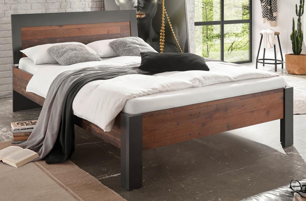 BETT Old Used Wood Shabby Design mit grau, Einzelbett, Liegefläche 140 x 200 cm - Dunkelgrau/Braun, Holzwerkstoff (140/200cm) - Furn.Design