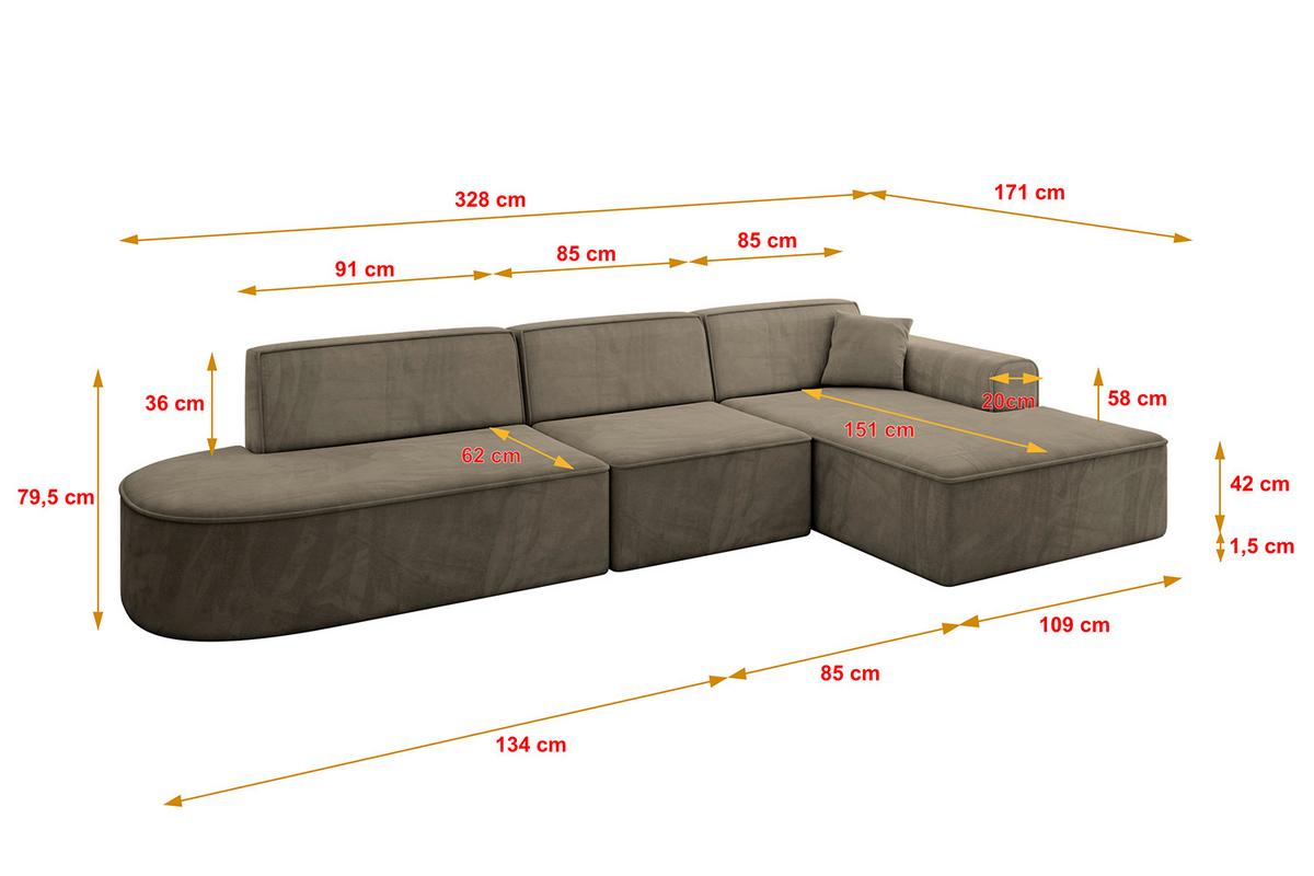 ECKSOFA Ottomane Rechts IREA-L2-v3 - 328x171x79 cm Braun - Braun, Holzwerkstoff/Textil (171/328cm) - ALTDECOR