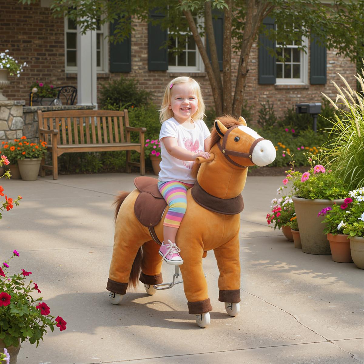 REITPFERD Spielpferd zum Reiten mit Sattel Rollen 75 cm Stehpferd Plüschpferd - Dunkelbraun, Textil (30/75/70cm) - AIYAPLAY