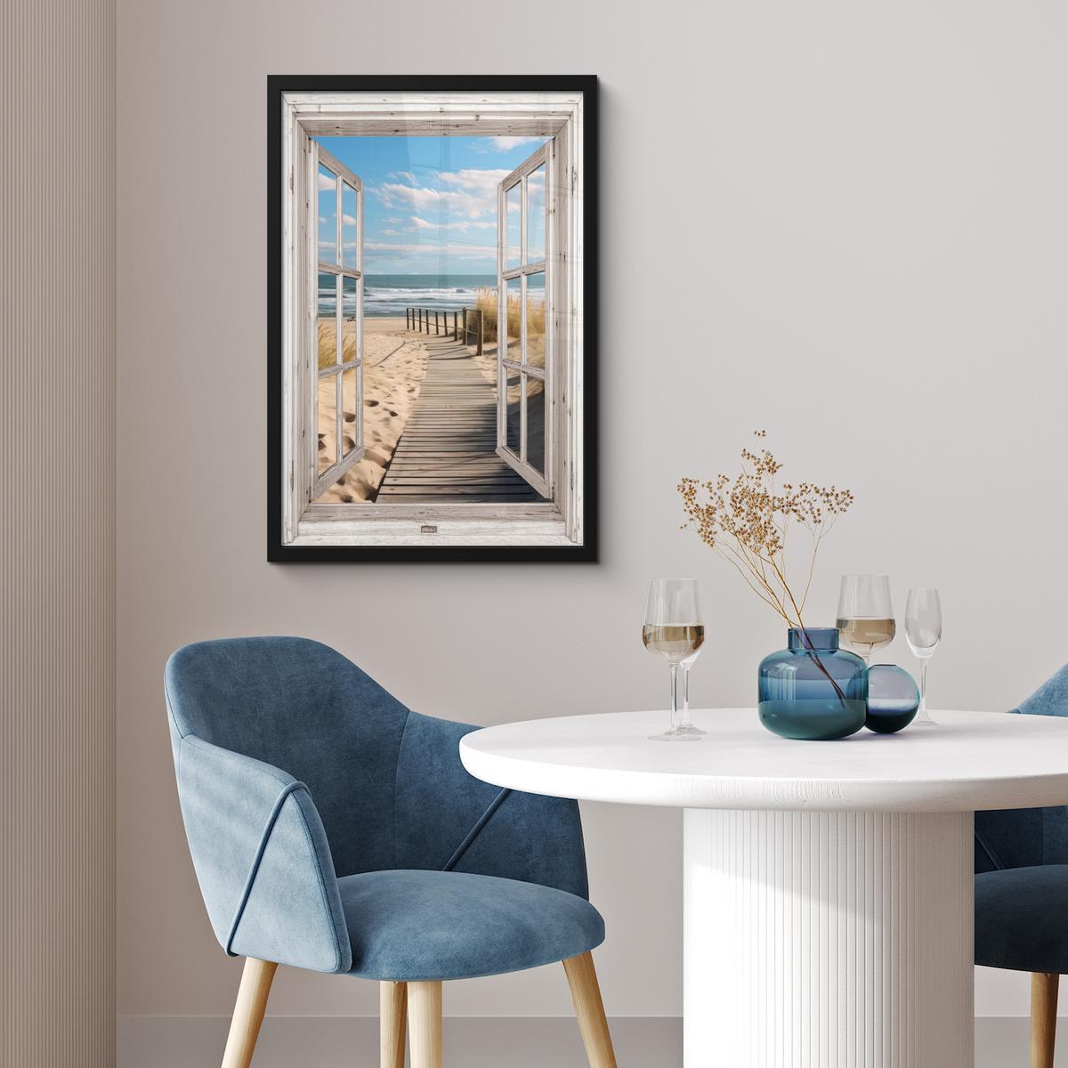 POSTER MIT RAHMEN Fenster - Meer - Küste - Natur - Ausblick - Strand - Wattenmeer Bilder mit Rahmen 40x60 cm - Beige, Papier (40/60cm) - MuchoWow