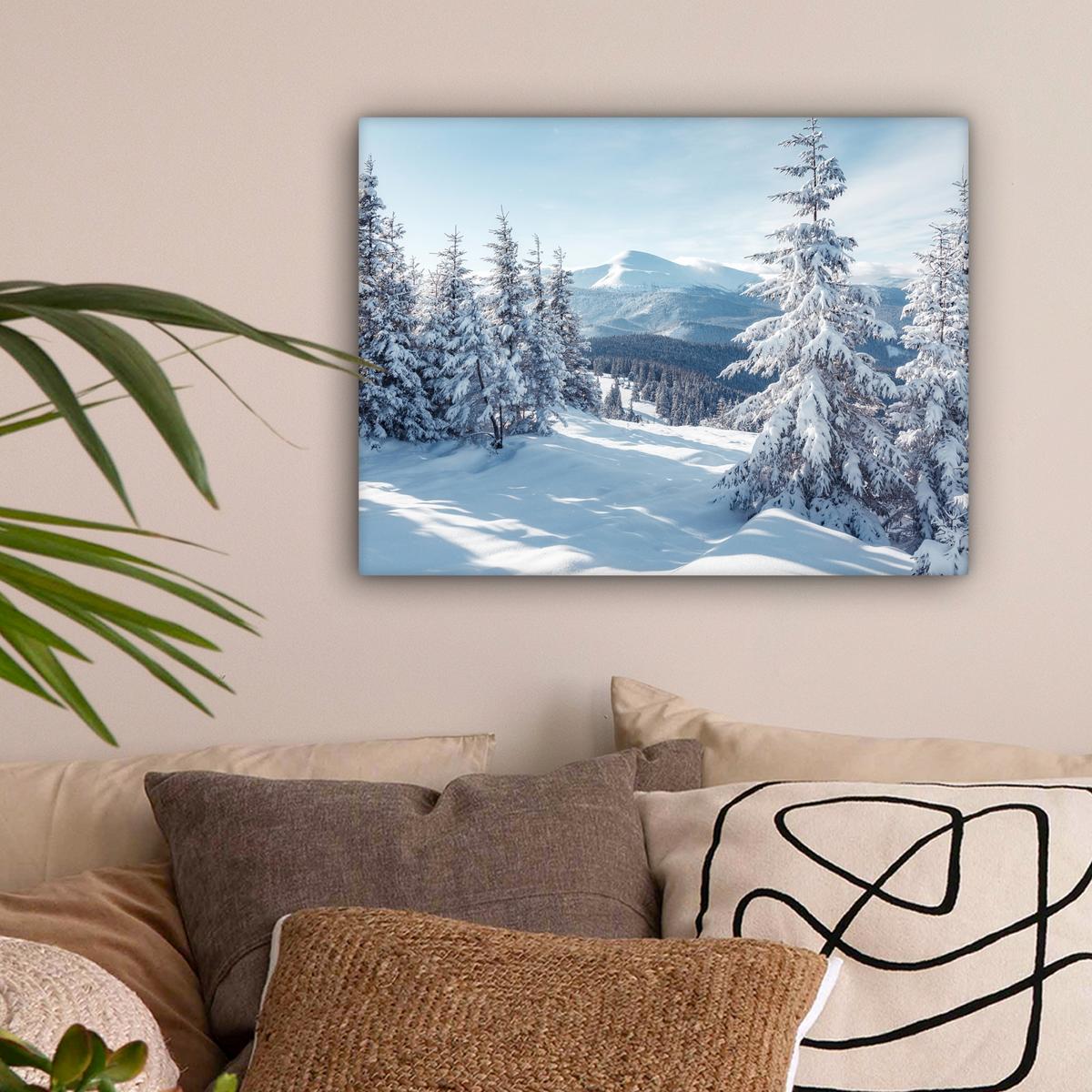 LEINWANDBILD Winterlandschaft - Natur - Berge - Bäume - Schnee Wandbild 40x30 cm - Hellblau, Textil (40/30cm) - MuchoWow