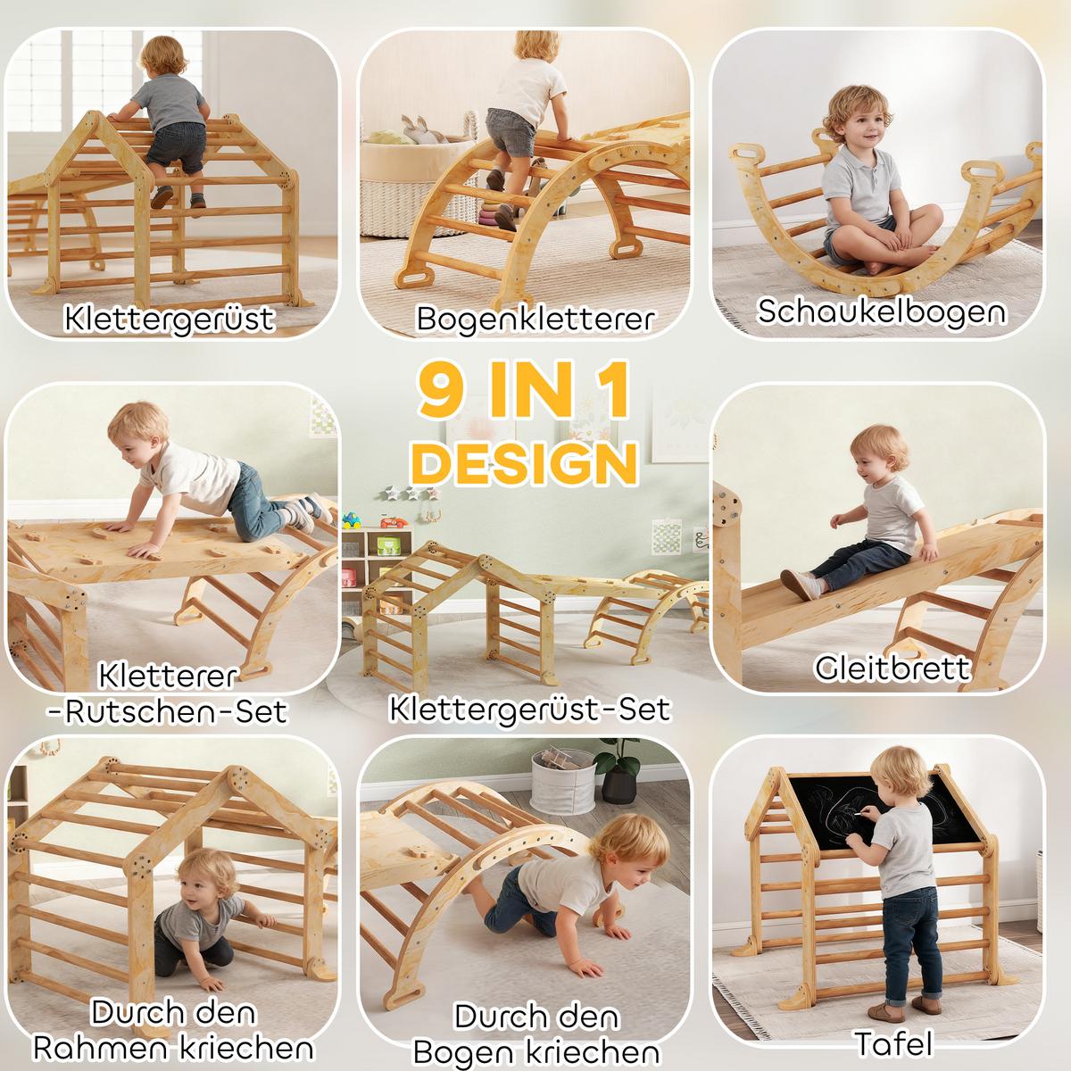 INDOOR-KLETTERGERÜST 9-in-1 Rampe Rutsche Leiter Schreibtafel - Naturfarben, Holz (52.5/48/100cm) - AIYAPLAY