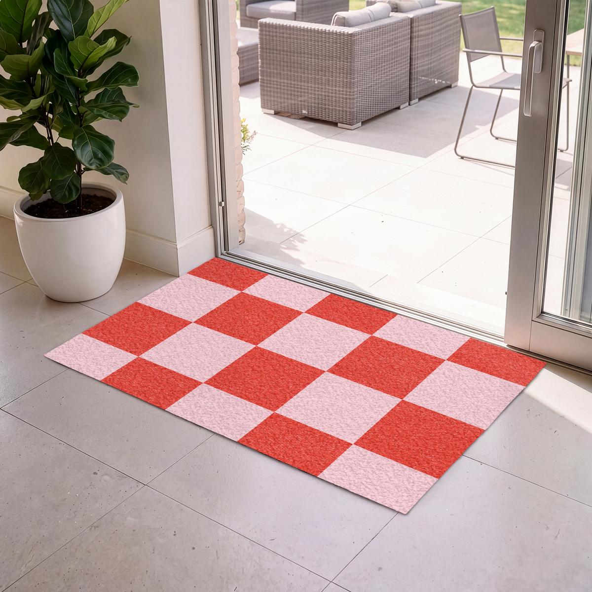 FUSSMATTE Schachbrettmuster - Rot - Rosa - Würfel Türmatte 120x80 cm - Rot, Kunststoff (120/0.4cm) - MuchoWow