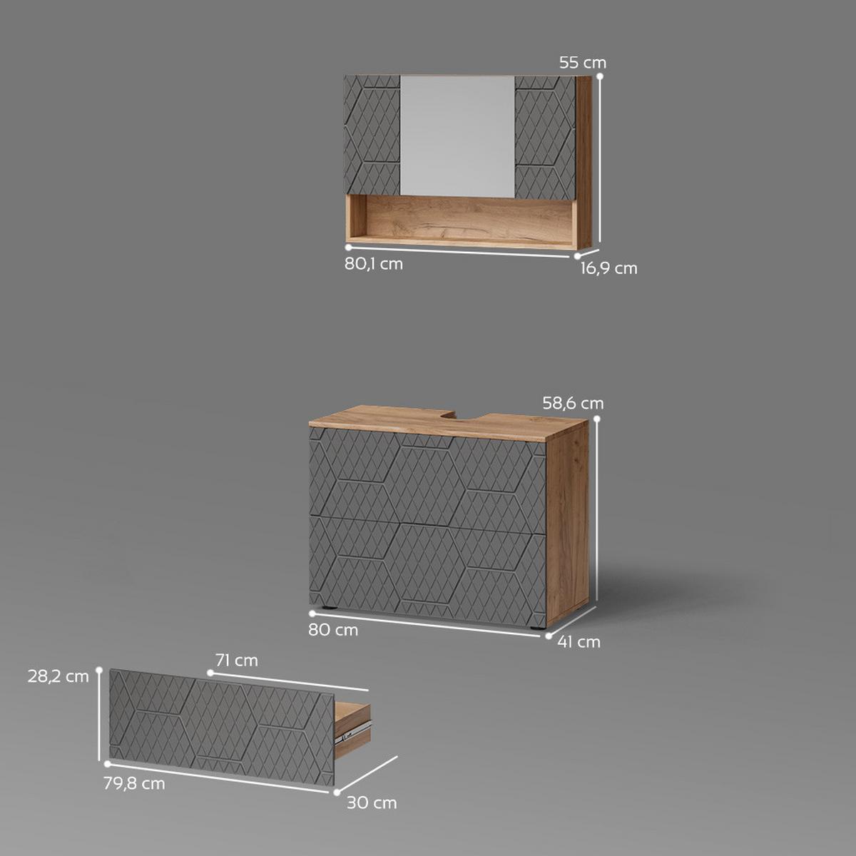 BADMÖBEL-SET Ronco Anthrazit mit Wabenstruktur 2 Teile, Unterschrank 80 cm - Anthrazit, Holzwerkstoff (80/58/41cm) - Livinity®