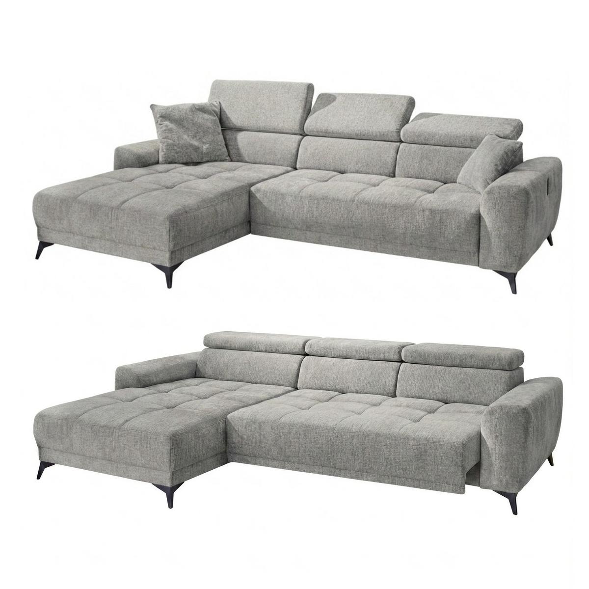 ECKSOFA mit elektrischer Sitztiefenverstellung, Kopflehnen verstellbar, USB-A und USB-C Ladefunktion B299/T200/H107 cm, Chenille Hellgrau / 15420 - Hellgrau/Schwarz, Holzwerkstoff/Textil (299/200cm) - luma-home