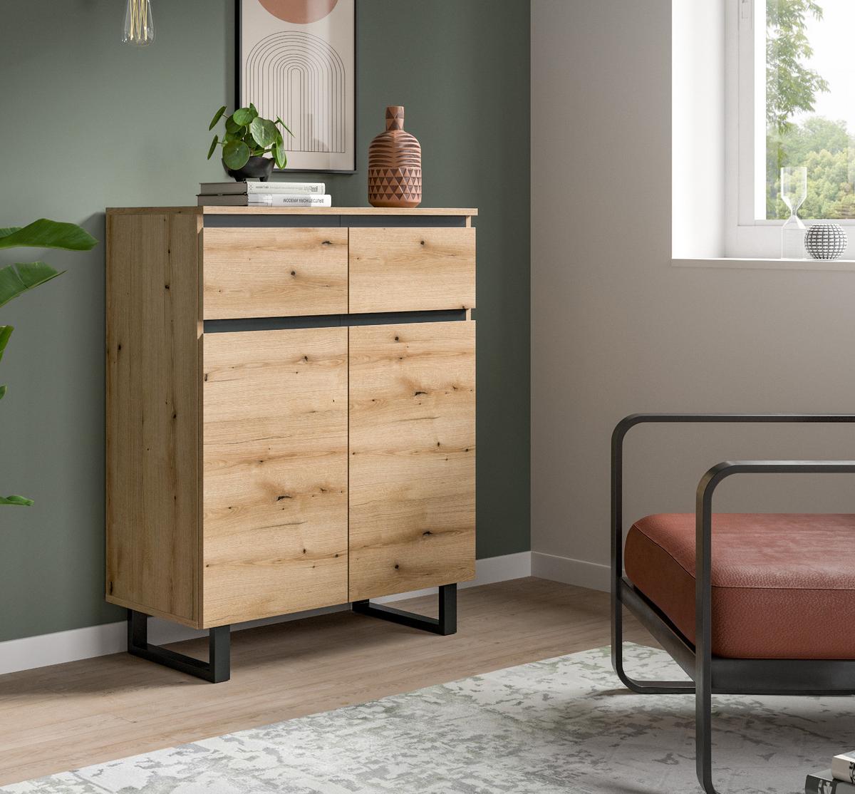 KOMMODE Evoke Eiche, schwarz, Highboard 80 x 99 cm mit Vollauszug und Soft-Close - Eichefarben/Schwarz, Holzwerkstoff/Metall (80/99/36cm) - Inn.Furn