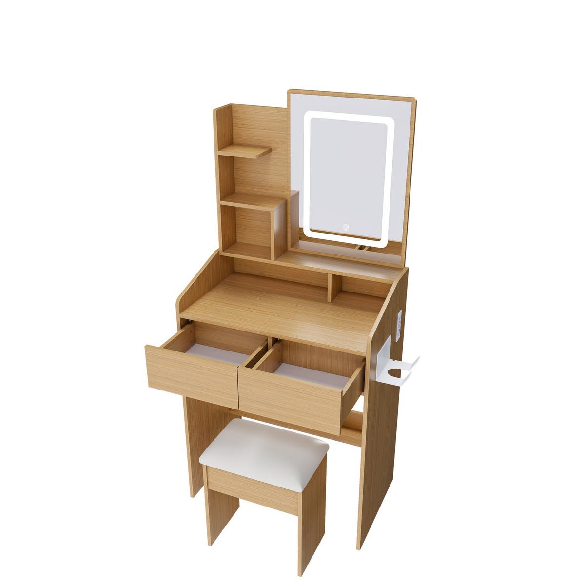 SCHMINKTISCH holzoptik 60 cm mit LED-Spiegel, Steckdose & Hocker - Naturfarben, Holzwerkstoff (60/130/36cm) - Urban Meuble