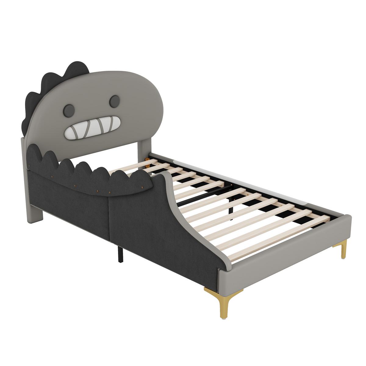 KINDERBETT pu dinosaurier design 90x200cm mit lattenrost - Grau, Leder (90/200cm) - Urban Meuble