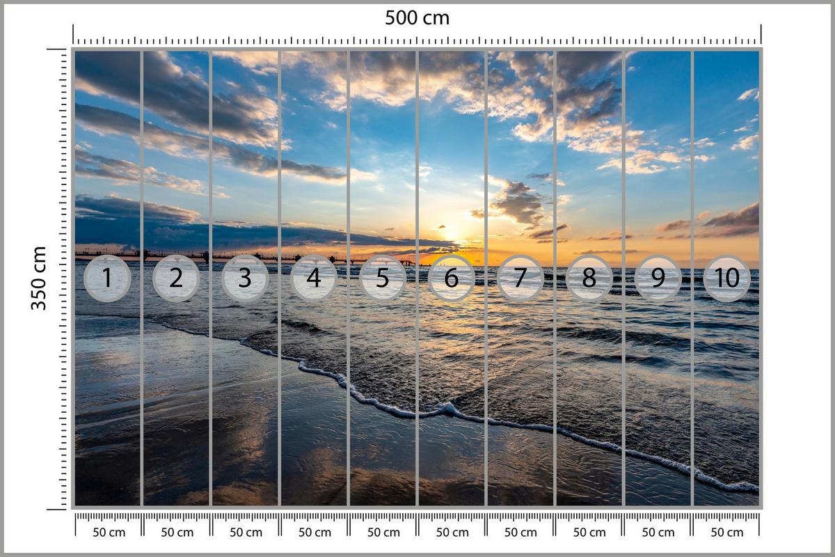 FOTOTAPETE für Wohnzimmer Sonnenuntergang Pier Romantik Meer 500x350 - Blau/Gelb, Papier (500/350cm) - Muralo