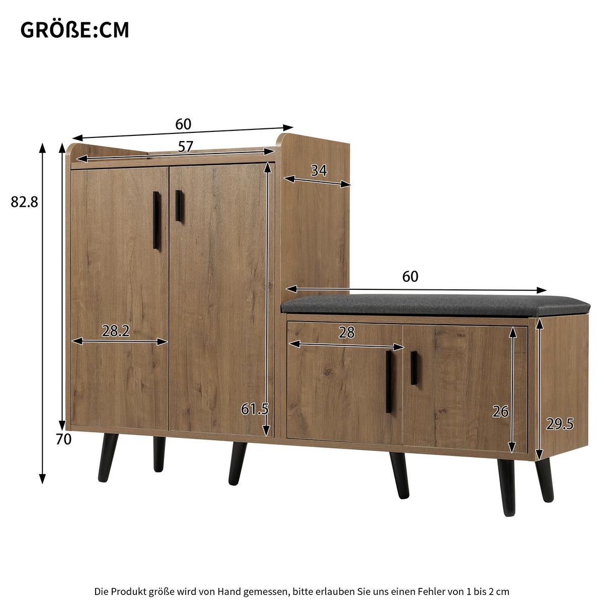 SCHUHBANK natur-optik, 4 türen & gepolsterte sitzfläche - Naturfarben, Holzwerkstoff (120/82.8/34cm) - Urban Meuble