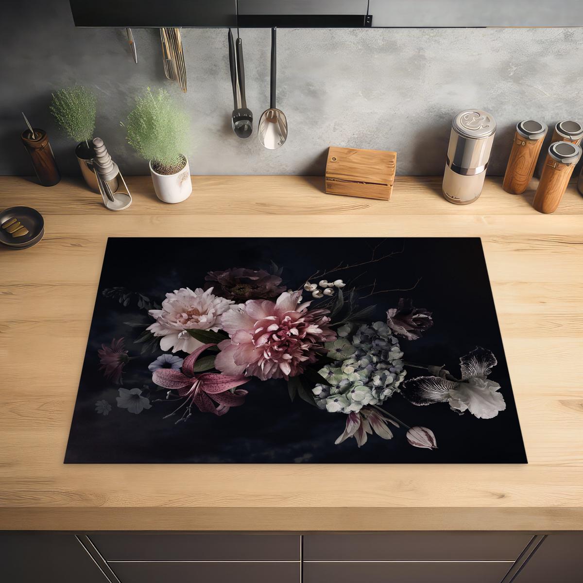 HERDABDECKPLATTE Blumen - Vintage - Pastell - Rosa - Weiß Herdabdeckung Induktionsfeld 75x52 cm - Altrosa, Kunststoff (75/52/0.2cm) - MuchoWow