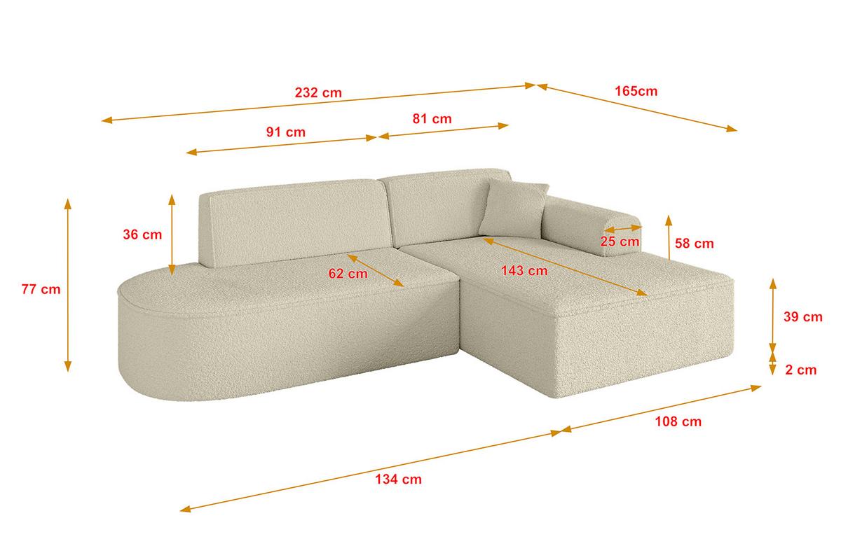 ECKSOFA Ottomane Rechts IREA-L1-v3 - 232x165x77 cm Beige - Hellbraun/Creme, Holzwerkstoff/Textil (232/165cm) - ALTDECOR