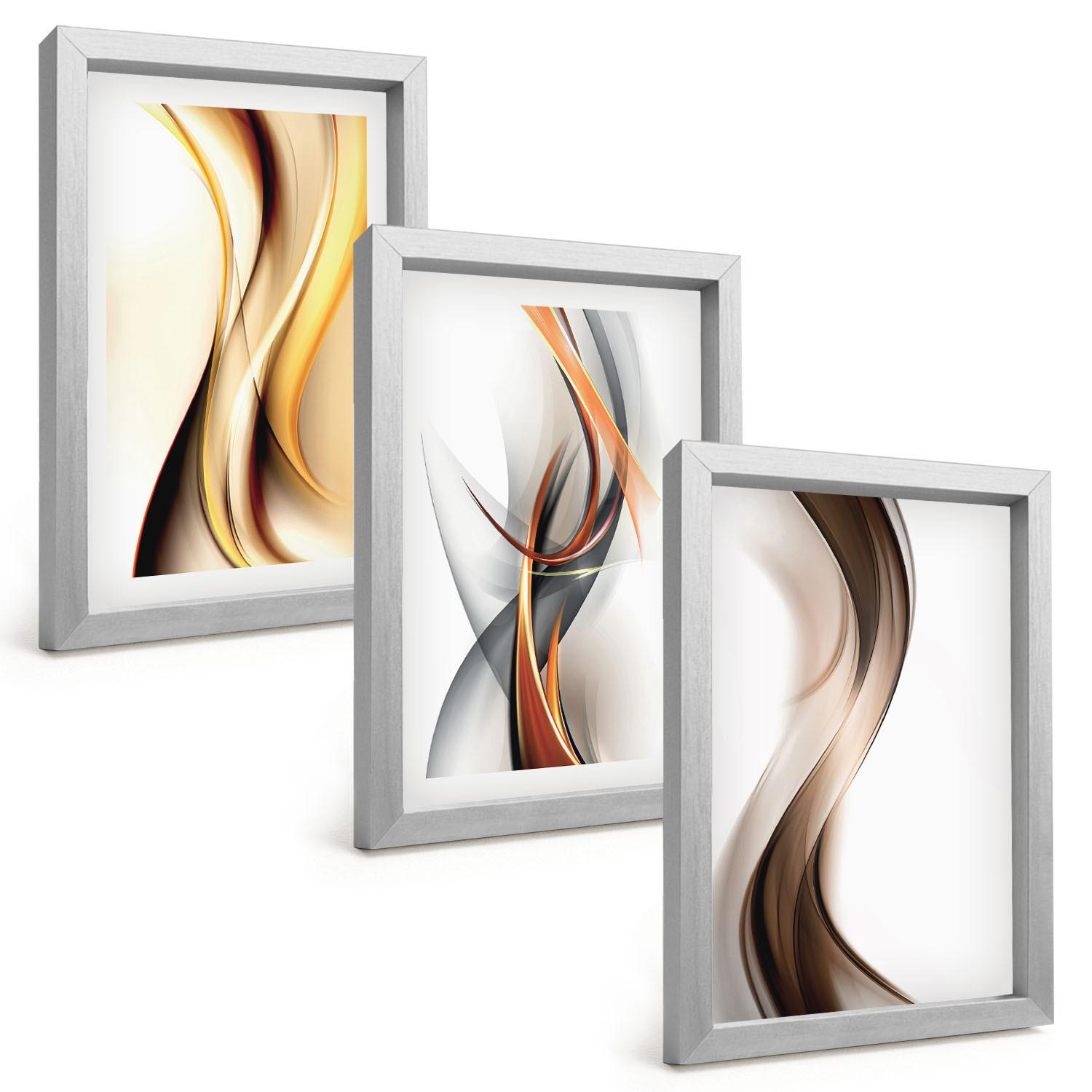 BILDER SET 3er Set - 20x30 cm Silberner Rahmen - Gelbgrau-braune Wellen - Silberfarben, Kunststoff (20/30cm) - TULUP