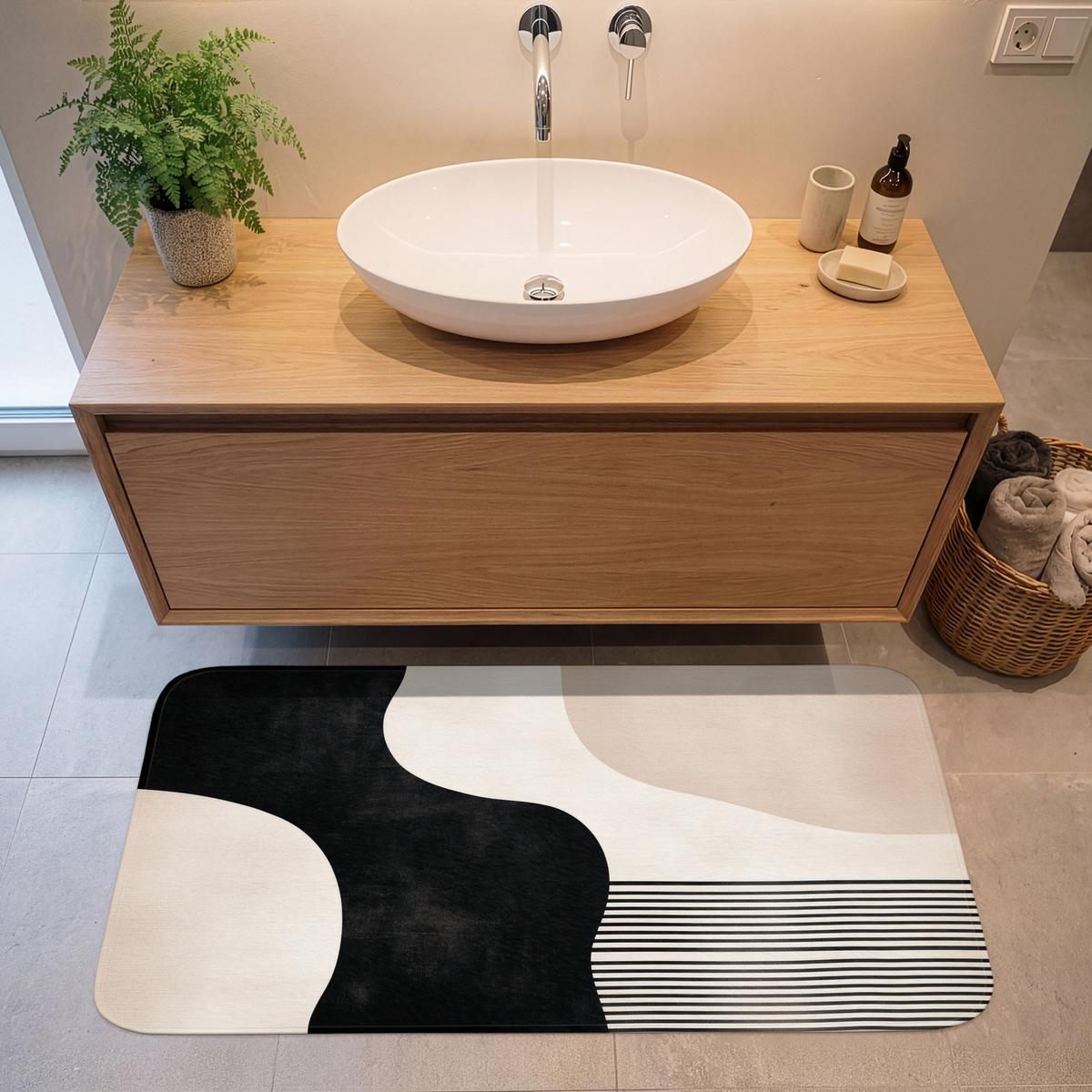 BADEMATTE Abstrakt - Japandi - Beige - Modern 120x60 cm - Beige/Schwarz, Textil (120/60cm) - OnlyWow