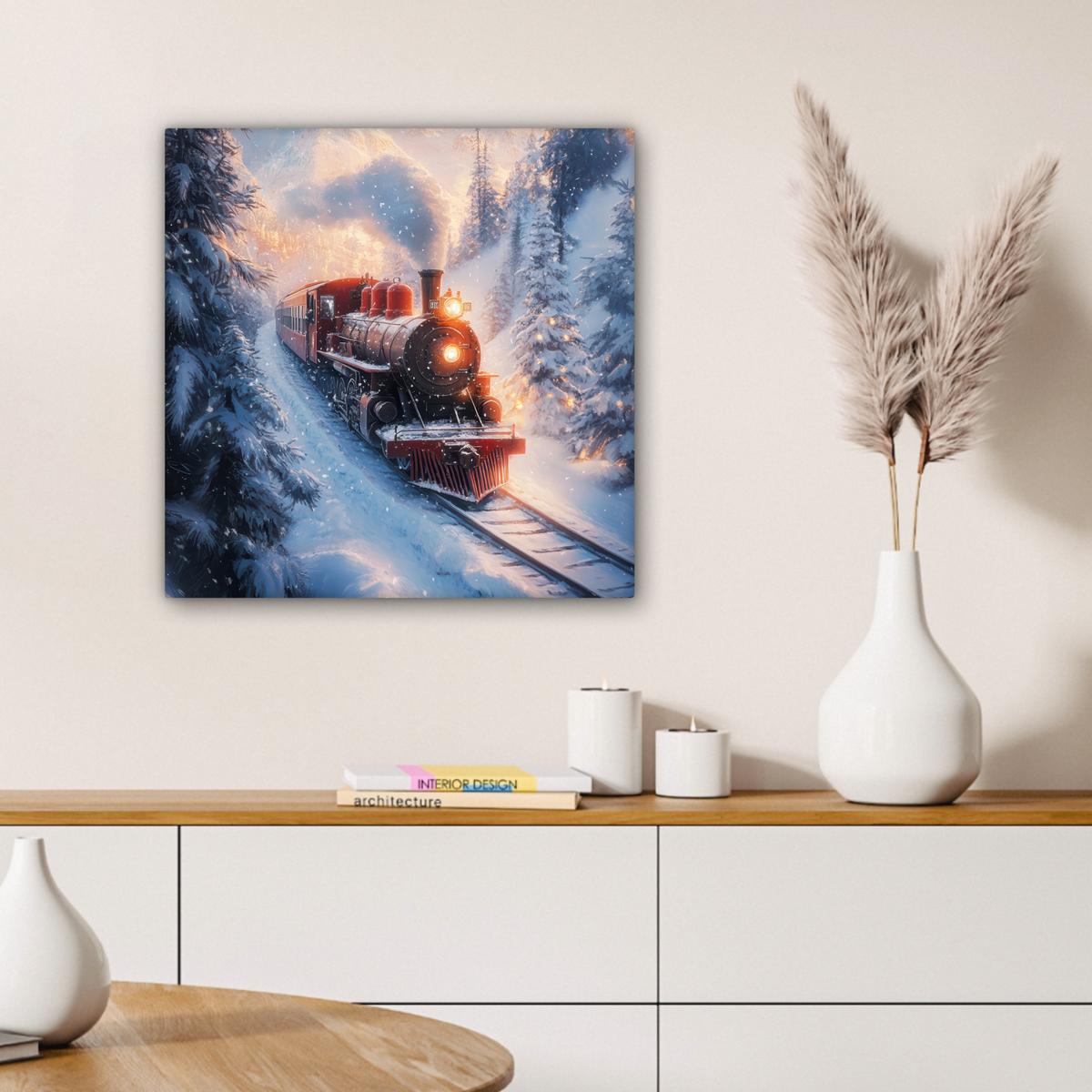 LEINWANDBILD Weihnachtszug - Schnee - Winter - Weihnachten Wandbild Wohnzimmer 50x50 cm - Dunkelrot, Textil (50/50cm) - MuchoWow