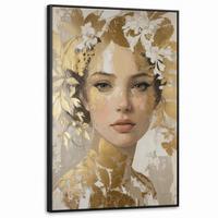 LEINWAND Bilder mit Rahmen - Gesicht - Frau - Blätter - Gold - 90x140 - Beige, Textil (90/140cm) - MuchoWow