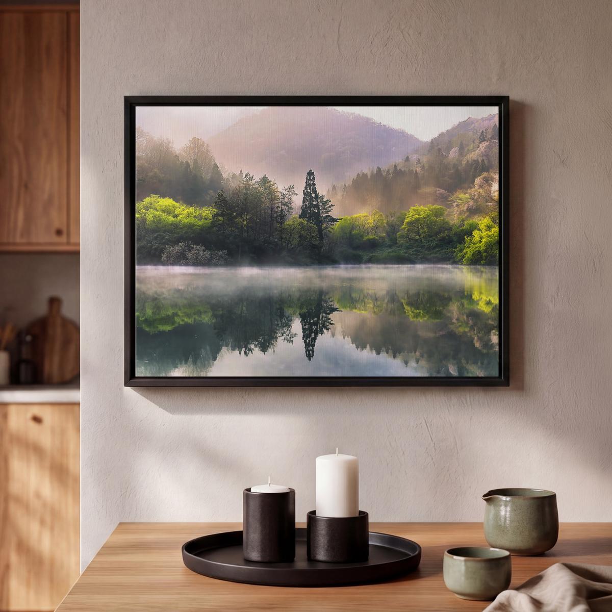 LEINWAND Bilder mit Rahmen - Natur - Bäume - Berge - See - Wasser - 40x30 - Hellgrün, Textil (40/30cm) - MuchoWow