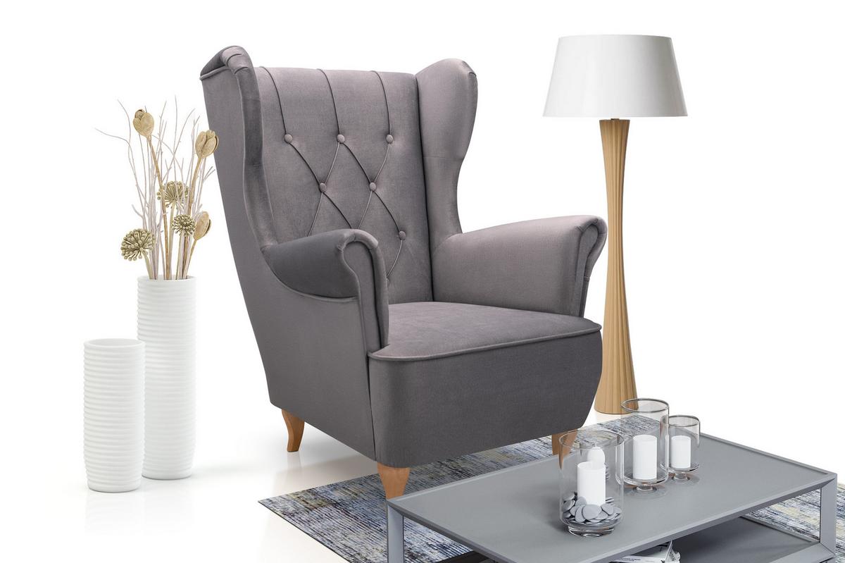 SESSEL TIBER, Polstersessel Glamour Loungesessel, Velours-Stoff Grau - Grau, Holz/Holzwerkstoff (75/104/85cm) - MASSENO