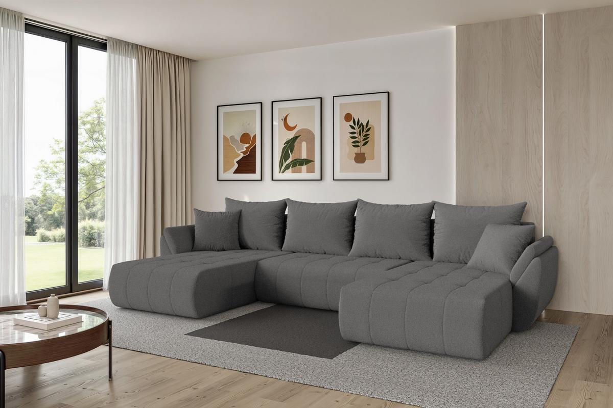 WOHNLANDSCHAFT mit Schlaffunktion und Bettkasten TOKO-U 378x194x86 Grau Bouclé - Schieferfarben/Schwarz, Holzwerkstoff/Kunststoff (378/86/194cm) - ALTDECOR