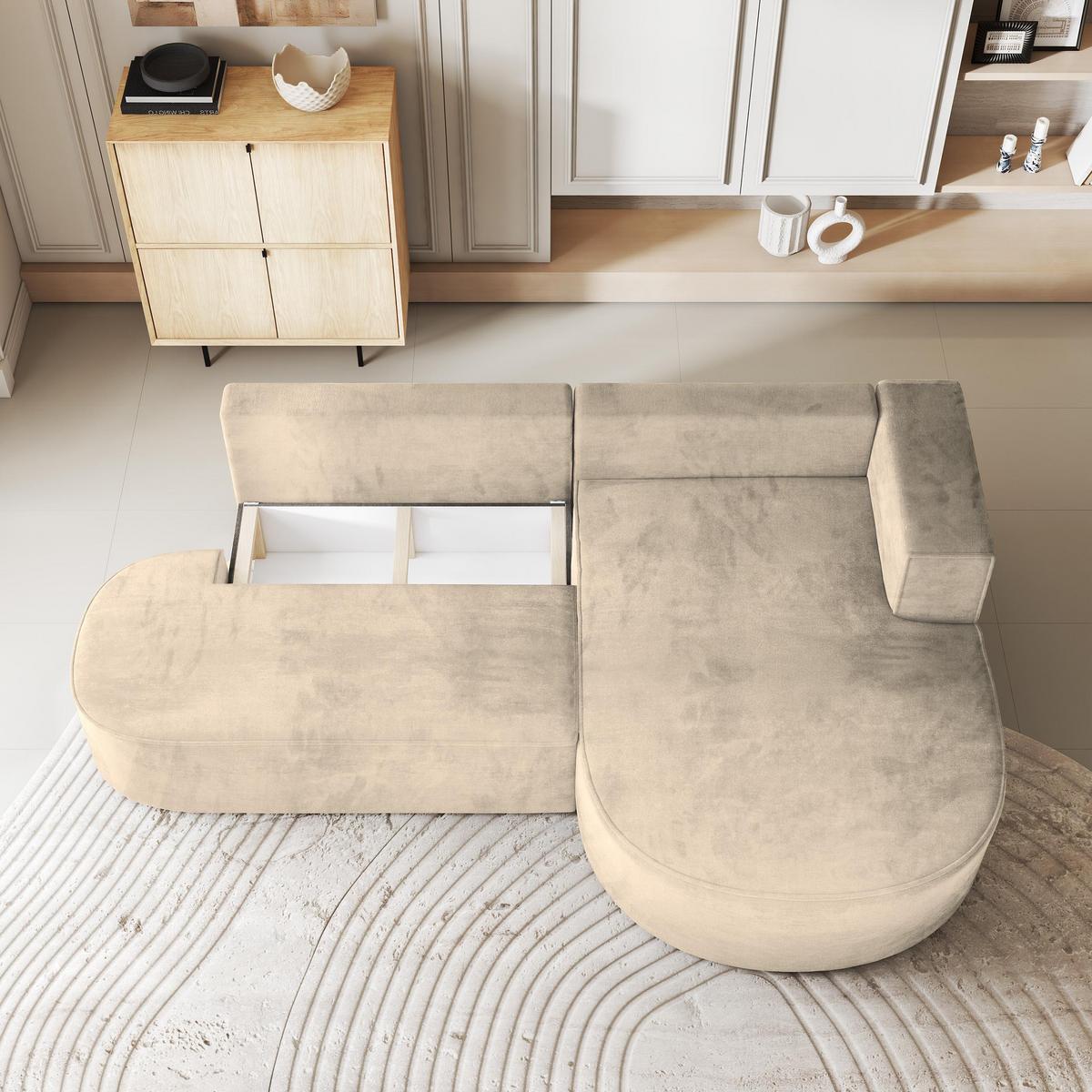 ECKSOFA CORTIO M R-S Creme Velours-Stoff mit Schlaffunktion - Creme/Grau, Holz/Kunststoff (265/174cm) - MASSENO