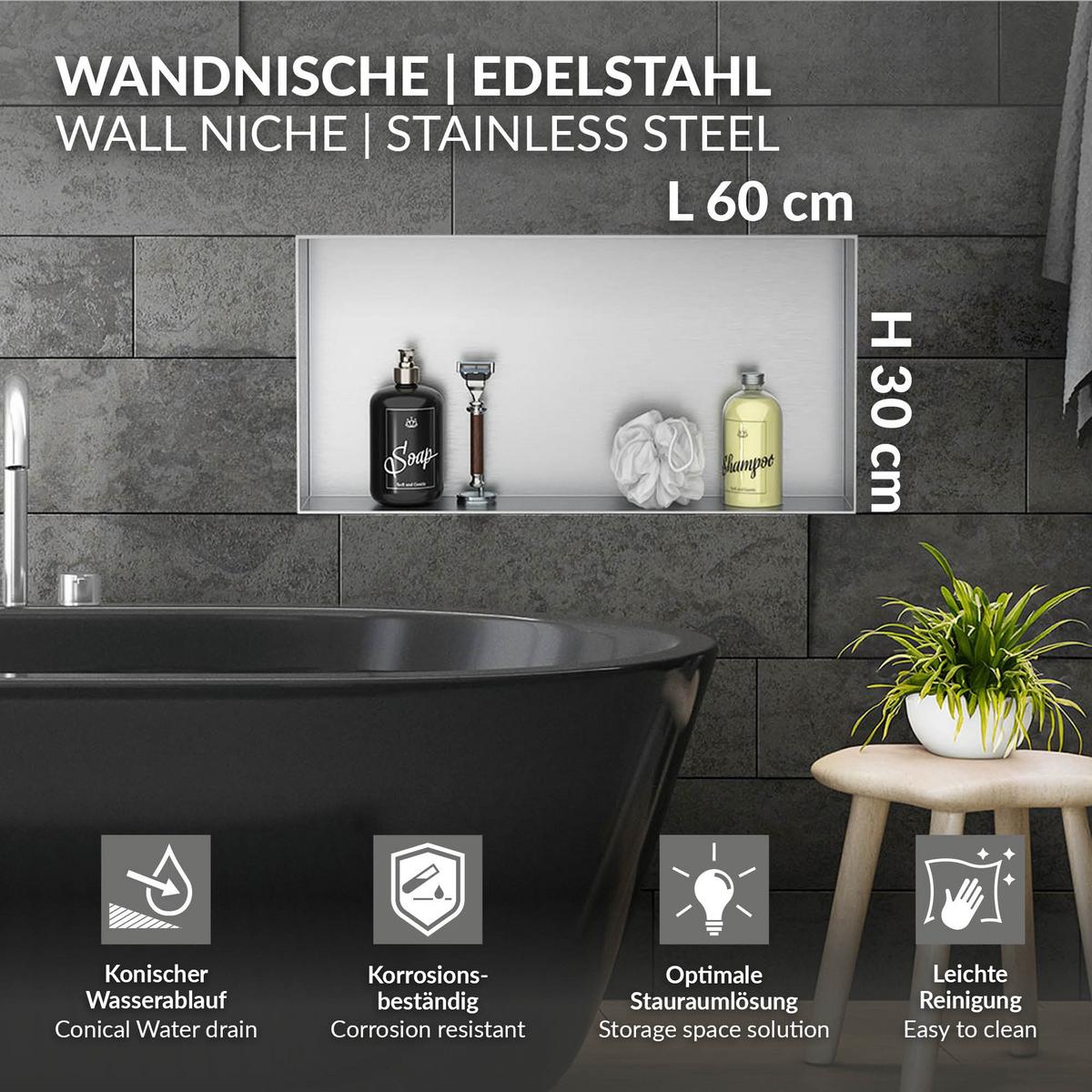 DUSCHNISCHE Silber 60/30 cm - Silberfarben, Metall (60/30/10cm) - LuxeBath