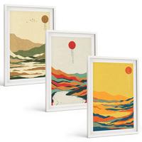BILDER SET 3er Set - 40x60 cm Weißer Rahmen - Farbenfrohe Muster der Japandi-Flussberge - Weiß, Kunststoff (40/60cm) - TULUP