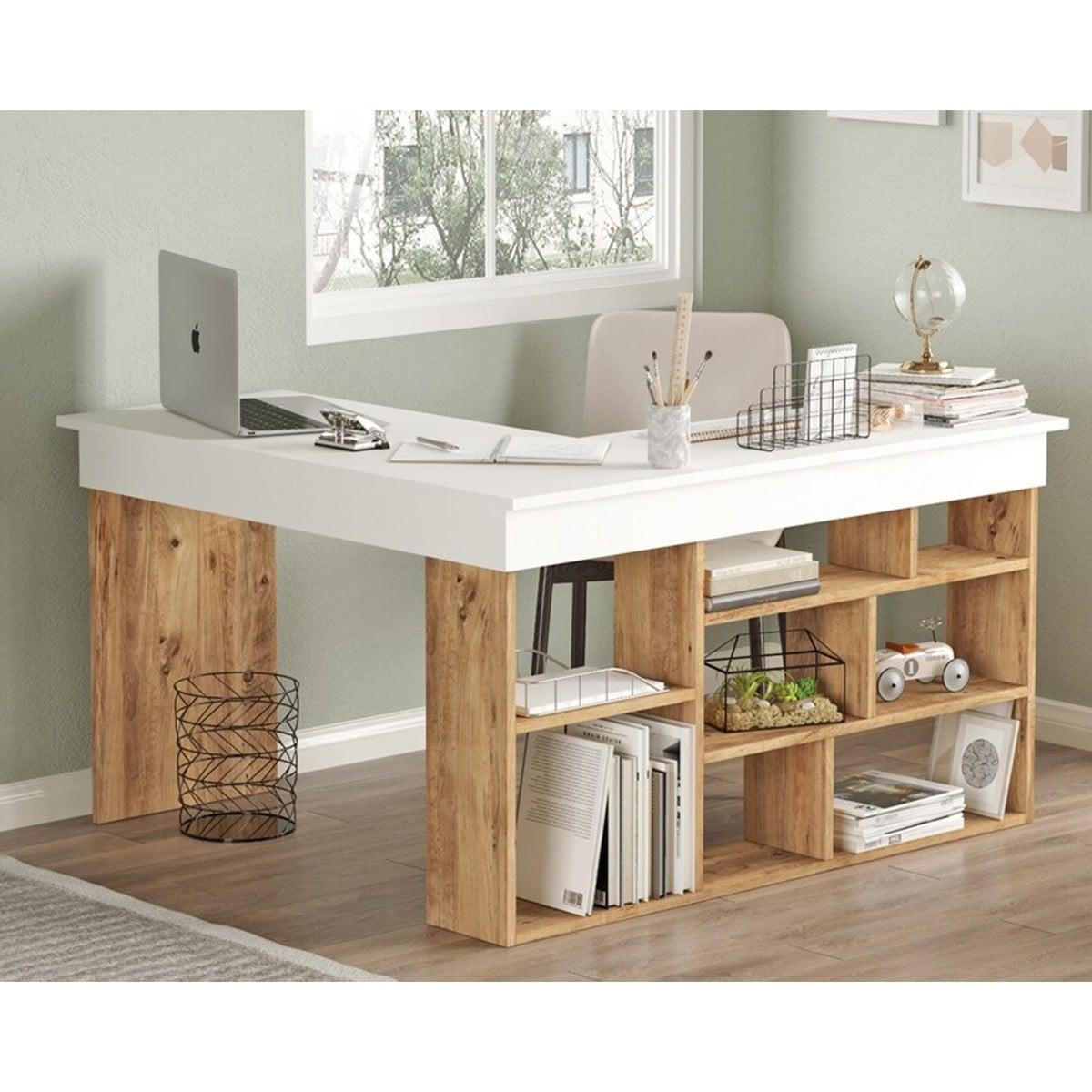 SCHREIBTISCH - 129 cm x 120 cm - Holz, Platte - Naturfarben Hell, Weiß - LILEUL - Naturfarben/Weiß, Holz (120/129/72cm) - Vente-Unique