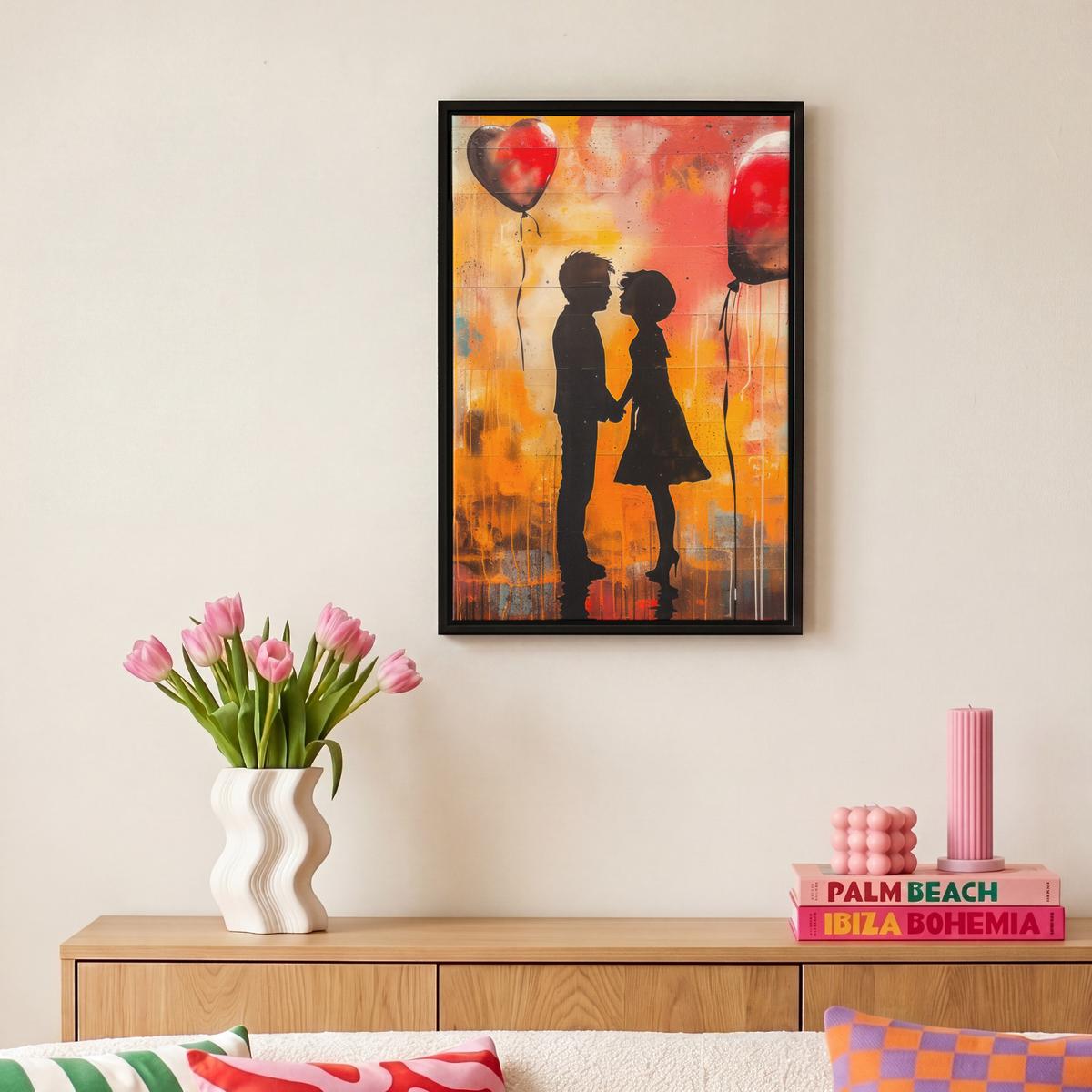 LEINWAND Bilder mit Rahmen - Straßenkunst - Liebe - Graffiti - Kunst - Banksy - 20x30 - Orange, Textil (20/30cm) - MuchoWow